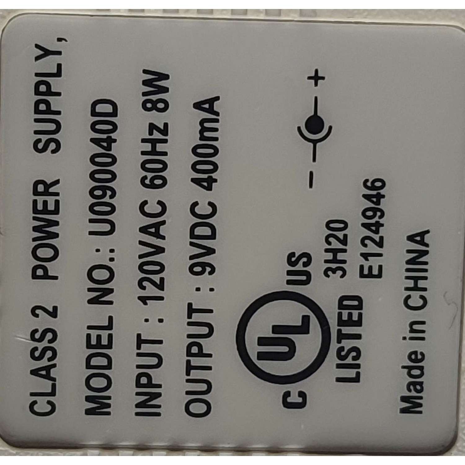 ADAPTADOR AC / NUMERO DE PARTE U090040D / INPUT: 120 VAC 60HZ 8W / OUTPUT: 9 VDC 400mA	 - Imagen 2
